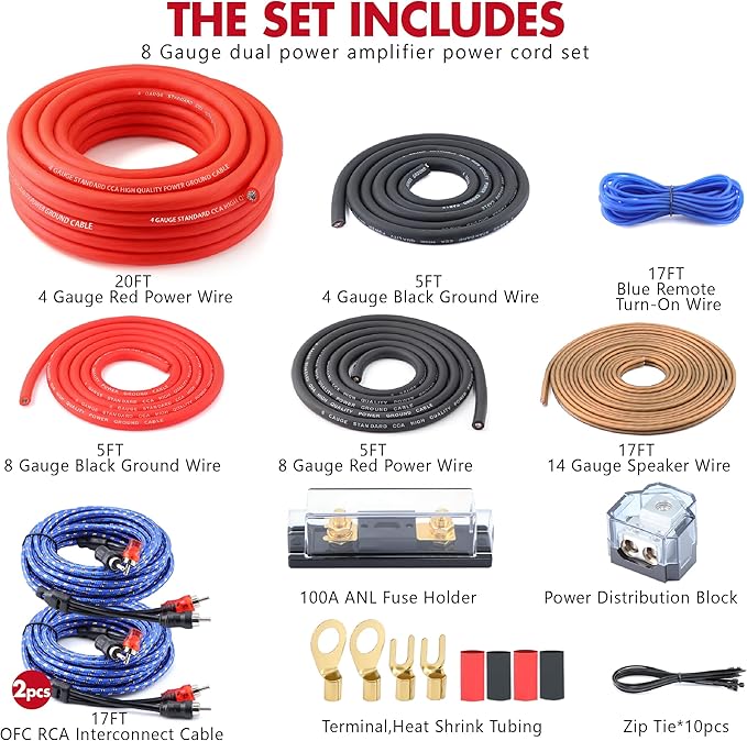 4 Gauge Dual Amplifier & Subwoofer CCA Wiring Kit - with 100A ANL Fuse, 17FT OFC RCA Cables & 14AWG Speaker Wire | Complete Power/Ground Wire Set with Distro Block