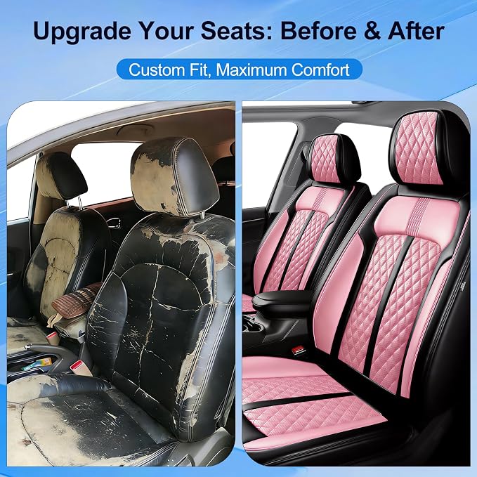 Fit XTS Car Seat Covers for Cadillac XTS 2013-2019,Premium Full Coverage Leather, Airbag Compatible & Scratch-Resistant, Waterproof & All Weather Seat Protector, Full Set Black+Pink