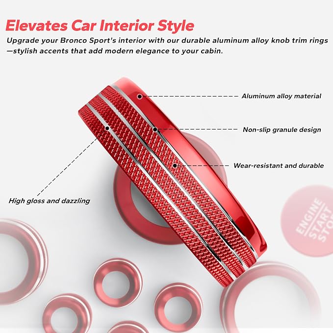 for 2025-2026 Ford Bronco Sport Accessories (Not for Bronco) 9PCS Aluminum Alloy Knob Cover Trim Set for Push Start, Volume, Air Vent Tabs, Headlight & Gear Shift Knob (Red)