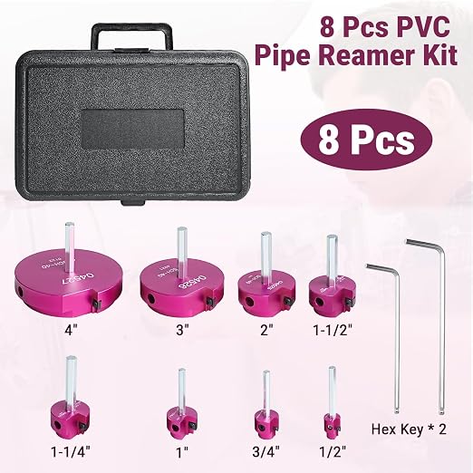 8 Pcs PVC Pipe Reamer Kit for 1/2" Drill – Fitting Saver Tool Set, Includes 1/2", 3/4", 1", 1-1/4", 1-1/2", 2", 3", 4" Carbide Inserts for SCH40 PVC CPVC ABS Pipes