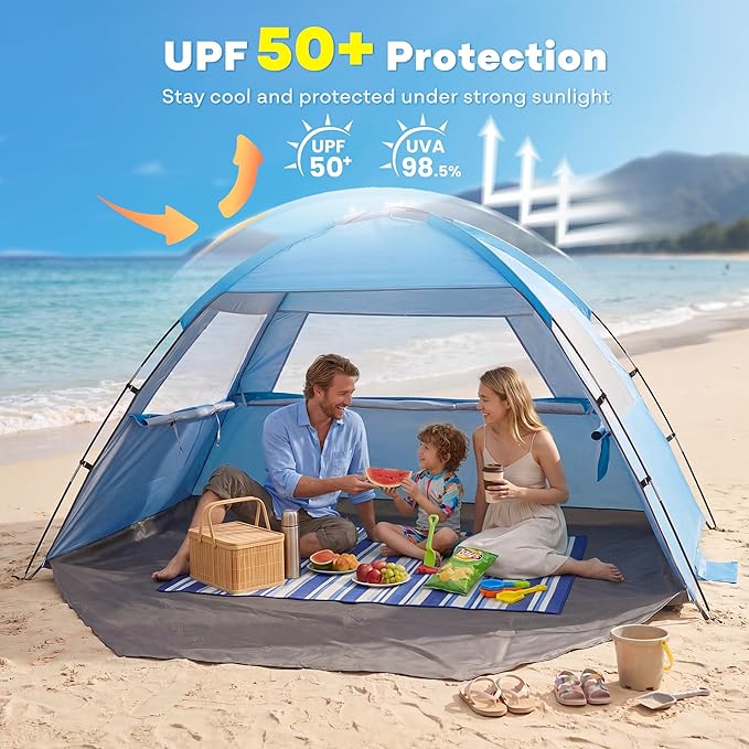 Venustas Beach Tent Sun Shelter for 3/4/6/8 Person, UPF 50+ UV Protection Beach Canopy, Lightweight and Easy Setup Cabana, Portable Shade Tent