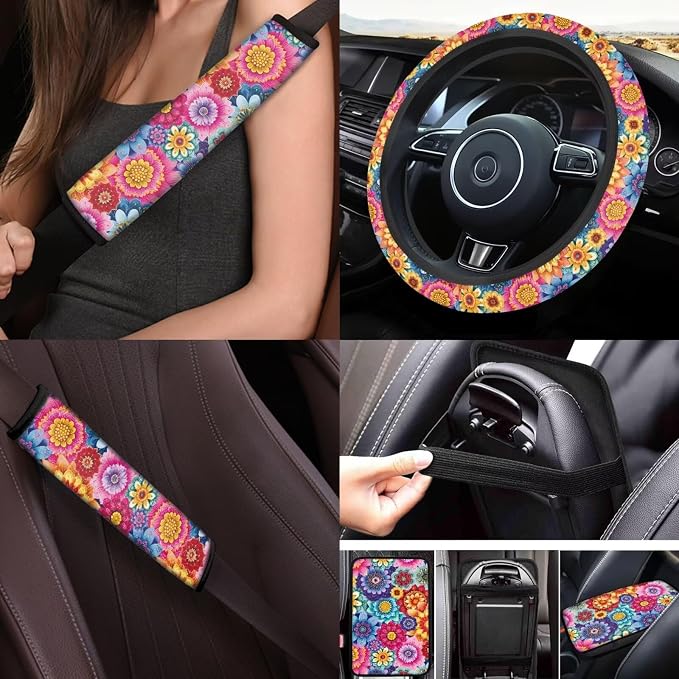 17 Pcs Hippie Lotus Car Cover Seats Full Set Mandala Lotus Car Accessories with Car Front Rear Carpets Mats Steering Wherl Cover Seat Belt Cover Pad Set Car Coasters Armrest Pad,Universal Fit