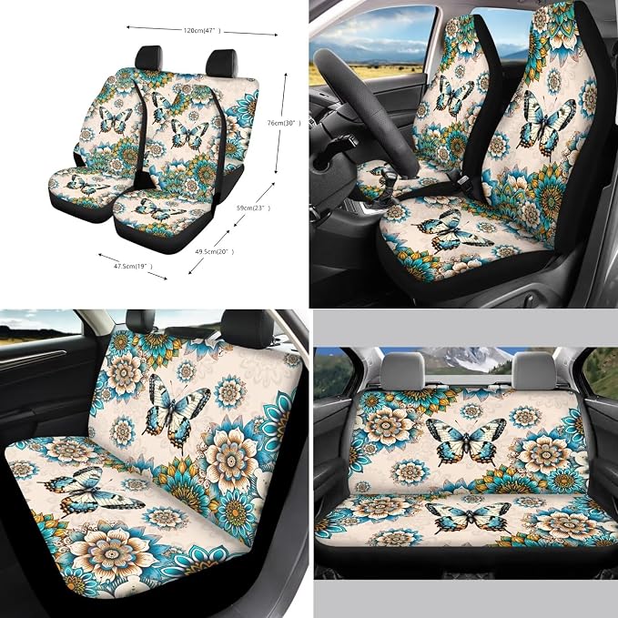 Xoenoiee Butterfly and Boho Mandala Print Car Seat Cover Full Set with Steering Wheel Cover, Seat Belt Cover, Coasters, Key Chains for Cars SUV, Universal Auto Accessories - 11 Pack