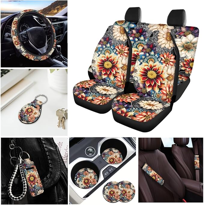 INSTANTARTS Dahlia Mexican National Flower Car Front Rear Seat Covers 13 Piece Vehicle Protector Keychain + Chapstick Sleeve + Steering Wheel Cover + Seat Belt Pads + Coasters