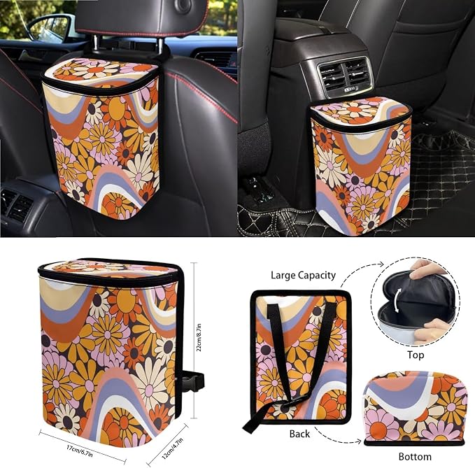 80s 90s Groovy Hippie Daisy Print Car 15pcs Accessories, Front and Back Seat Covers for Cars Steering Wheel Cushion Seat Belt Pad Trash Can Coasters Universal Fit