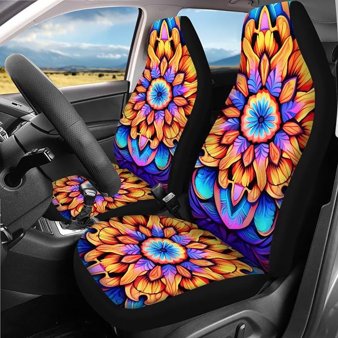 Mandala Lotus Car Seat Covers Full Set 18 Pcs Universal Car Interior Accessories Full Sets Hobo Mandala Flower Steering Wheel Cover Car Seat Belt Pads Cover Car Headrest Covers Keychain