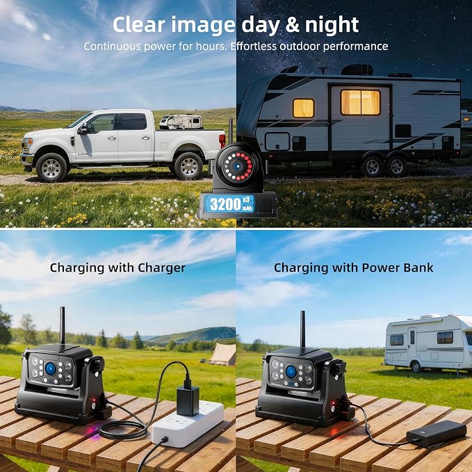 3 Magnetic Wireless Backup Camera with HD 1080P 10" DVR Monitor, 1-Rear View 2-Side View Cameras Wireless System for RV Trailer Trucks, Built-in 9600mAh Battery,Night Vision,Recording- ZEROXCLUB BC103