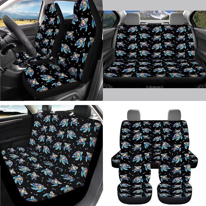 AFPANQZ Turtle Tropical Flowers 11 Pcs Car Seat Cover of Front Rear Full Set Car Accessories Include Hand Brake and Gear Shift Knob Cover, Seat Belt Pads, Steering Wheel Cover for Womens