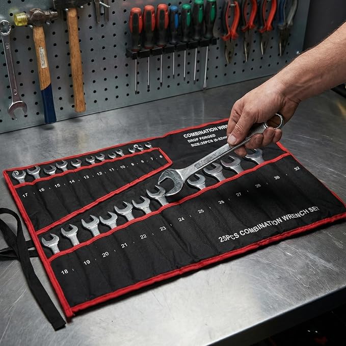 NOLITOY 25-Piece Double-Ended Wrench Set Mechanics Tool Set with Canvas Bag for Automotive Plumbing and Home Repair Precision-Made Hand Tools for Professional and Household Maintenance