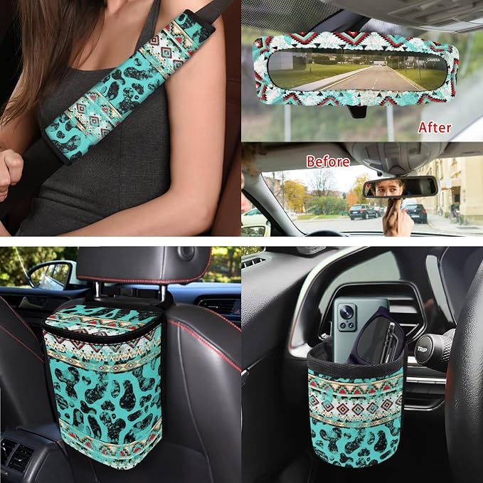 XYZCANDO Tribal Stripes Car Accessories Sets 15 PCS Car Seat Cover Set Steering Wheel Cover Garbage Bag Storage Box Rear View Mirror Cover Seat Belt Pads Cover Coasters Keychain Fit Most Cars