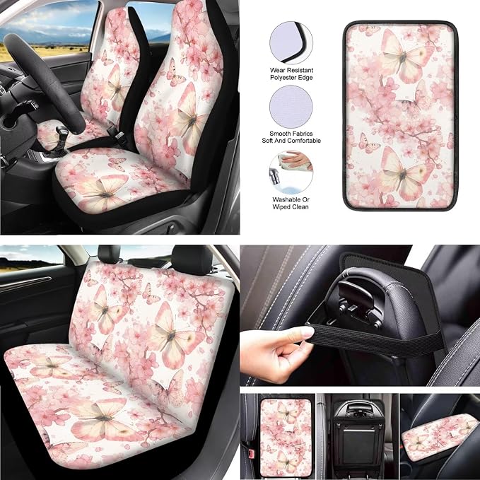 Full Set 10 Pcs Peach Blossom Butterfly Car Seat Covers, Spring Peach Blossoms Automotive Rear Front Seat Protector, Butterflies Aesthetic Steering Wheel Cover