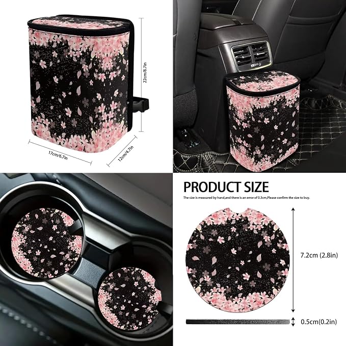 Suobstales Cherry Blossom Print Car Seat Covers Set of 13 with Universal Steering Wheel Cover, Rearview Mirror Cover, Car Trash Can, Seatbelt Pads, Cup Holder Coasters, Keychains