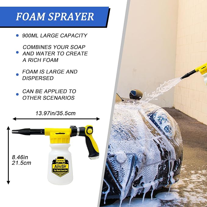 Foam Gun Car Wash Sprayer + Washing Sponge & Absorbent Towel, Hose Nozzle Foam Cannon Car Washing Kit, for Garden Cleaning, Pet Showering (Yellow)