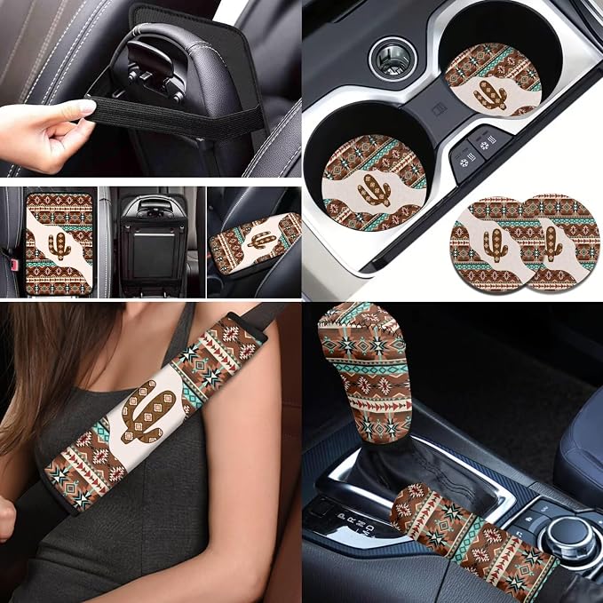 BIGCARJOB Aztec Cactus Print Car Seat Covers Full Set 12 Pcs Southwest Tribal Car Accessories for Women Auto Interior Seat Protector for Front Back,Armrest Pads,Steering Wheel Protector