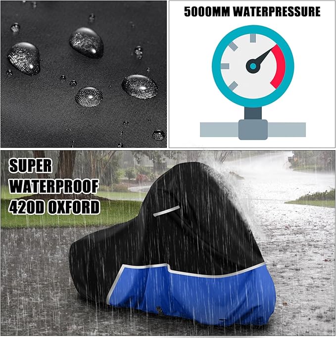 Waterproof Motorcycle Cover Compatible with Harley Davidson Electra Glide/Road King/Street Glide/CVO Road Touring Without Trunk Models, 420D Oxford Cloth Cover for Snow Rain Dust Protection