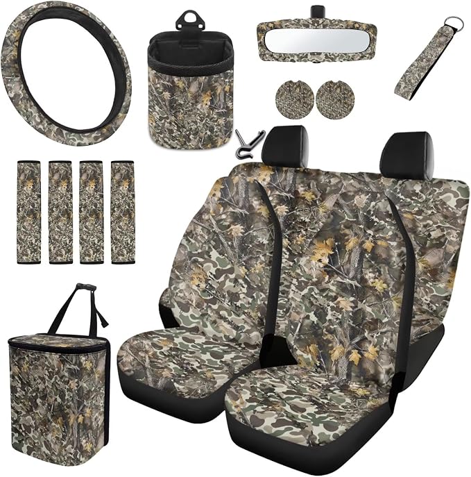Dreaweet Car Seat Covers Full Set 15 Pcs Camo Deer Hunting Seat Covers with Steering Wheel Cover Seat Belt Pads Trash Bag Air Vent Pouch Rear View Mirror Cover Coasters Keychain