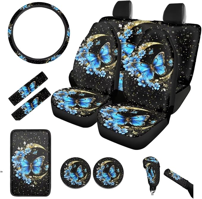 BIGCARJOB Butterfly Car Seat Cover Set - Blue Moon Butterfly Design - Steering Wheel Cover, Seat Belt Pads, Armrest Pad & More - 12 Pcs Car Decorative Accessories