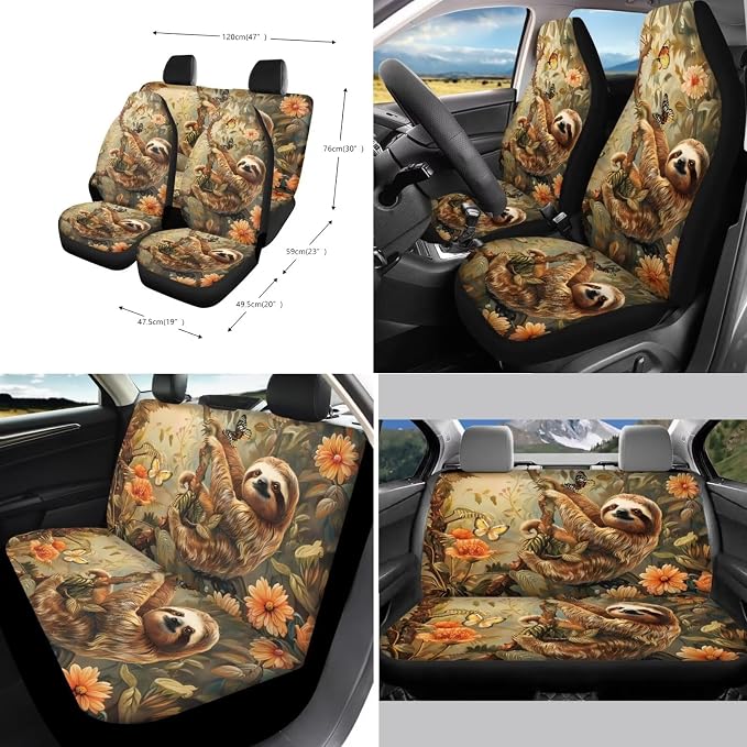 Suobstales Cute Sloth Print Car Seat Cover for Women Full Set SUV Interior Accessories Front/Back Bench Bucket Seat Cover,Steering Wheel Cover,Seat Belt Cover,Cup Holder Coasters,Keychain