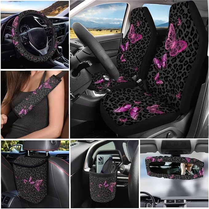 Dreaweet Black Leopard Print Car Seat Covers Full Set Purple Butterfly Car Accessories Steering Wheel Cover Seatbelt Covers Trash Bin Rear View Mirror Cover Cup Holders Keychain Air Vent Storage Pouch