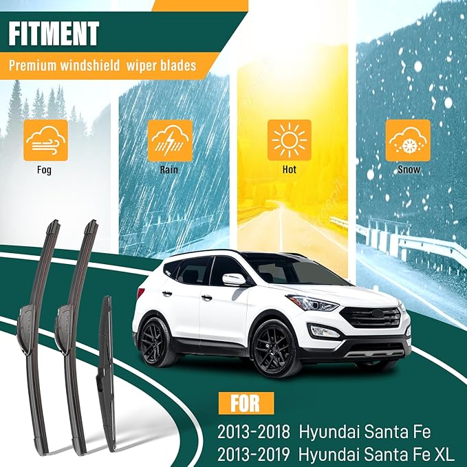 Windshield Wiper Blades Replacement for Hyundai Santa Fe 2013-2018 Santa Fe XL 2013-2019,Original Equipment Replacement Front Rear Wiper Blade Set - 26" 14" 13" (Set of 3)