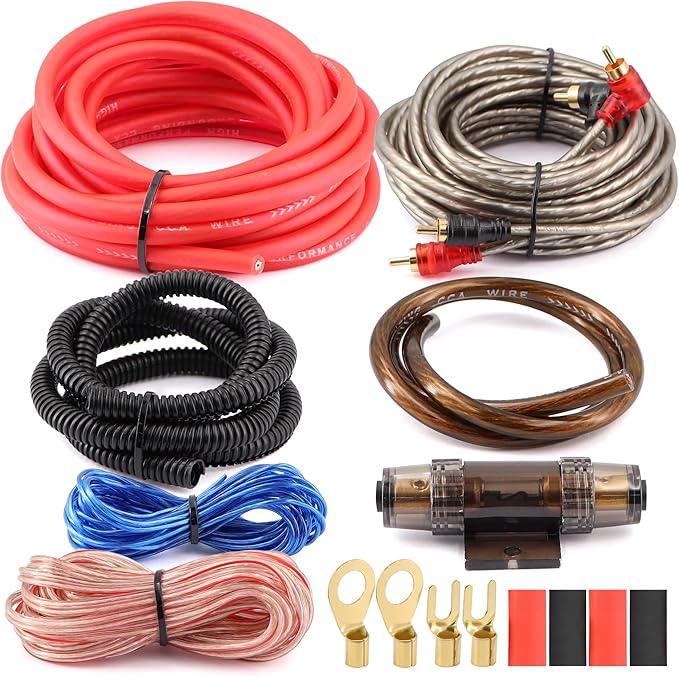 8 Gauge 800W High-Performance Complete Amplifier Wiring Kit - with 60A AGU Fuse Holder, 17Ft Power/Ground Wire, Blue RCA & Speaker Cables | for Professional Car Audio Safe Installation
