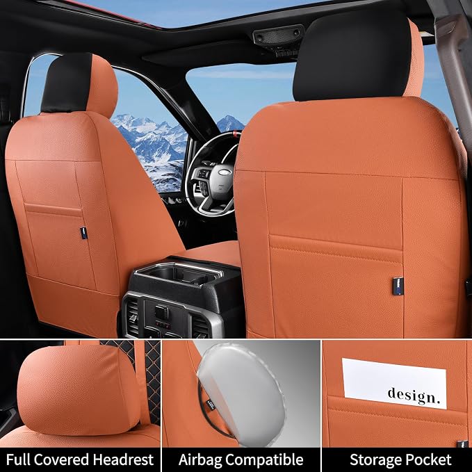 Truckiipa Front Ford F150 Seat Covers, Waterproof Leather Seat Covers Truck Fit for 2015-2026 Ford F150 SuperCrew, 2017-2026 F250 F350 F450 Super Duty Crew Cab, Front Pair, Brown&Black