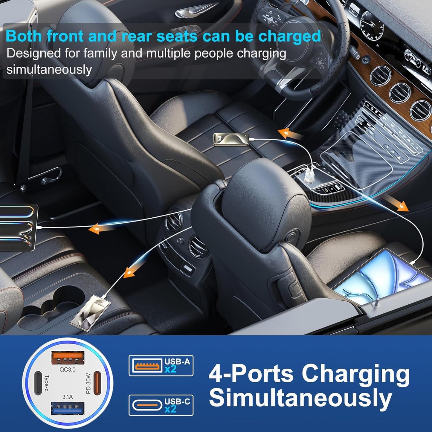 [2-Pack] Car Charger USB C, 4 in 1 65W Fast Charging 4-Port Dual USBC & USB A Car Phone Charger Cargador Carro Lighter Adapter for iPhone 16e 16 15 14 13 12 Pro Max, iPad, Samsung,Tablet, Android