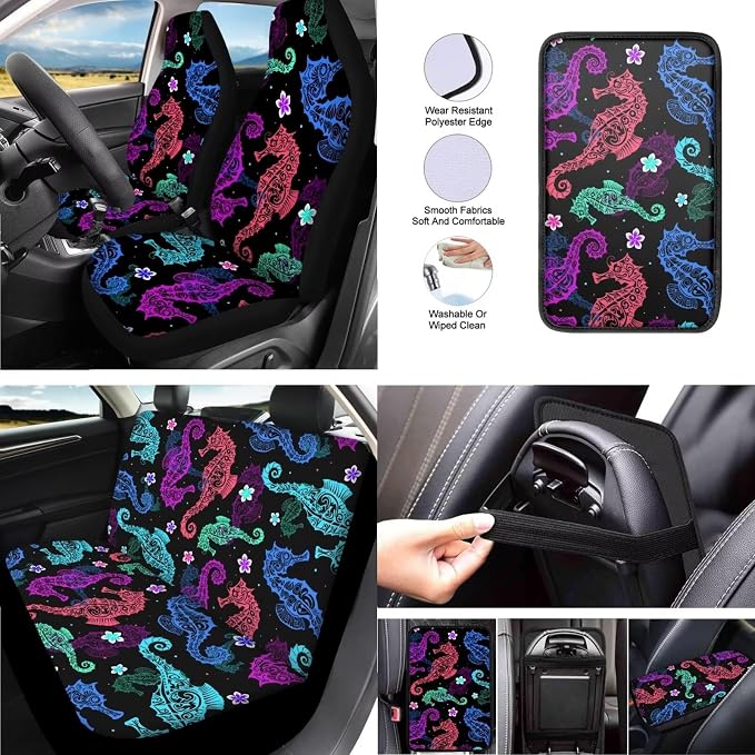 Tribal Sea Horse Car Interior Accessories Set of 13, Colorful Seahorse Front Rear Seat Breathable Car Seat Cover, Ethnic Ocean Creature Seat Belt Cover Keychain