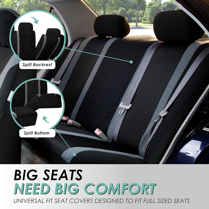 FH Group Car Seat Covers Universal Fit Full Set Interior Accessories, Sports Gray Seat Covers with Airbag and Split Rear Automotive Combo Vinyl Floor Mats Seat Covers for Cars Vans Trucks and SUV