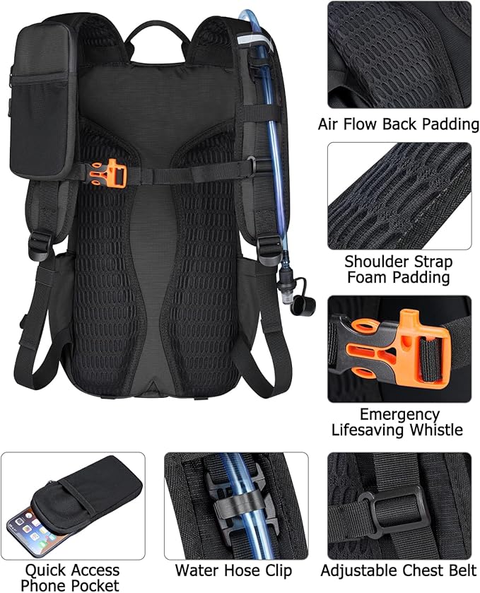 NOOLA Hydration Backpack with 3L Water Bladder - 22L Water Backpack for Hiking, Cycling, Running, Biking - Lightweight Hiking Pack Bag with Rain Cover, Phone Holder and Trekking Pole Holders, Black