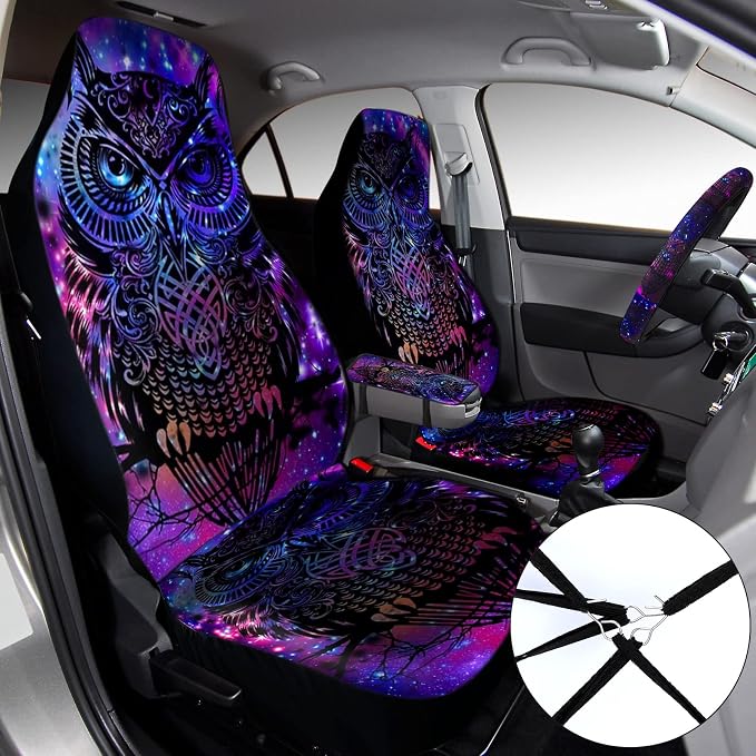 Riakrum 15 Pcs Purple Colorful Owl Car Seat Covers Full Set Space Cats Car Covers for Front Rear Seat Steering Wheel Wrist Strap Armrest Pad Shoulder Pads