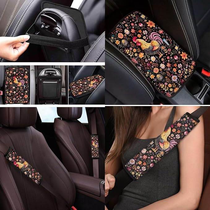 Mumeson Floral Rooster Car Front Seat & Rear Bench Covers Set + Steering Wheel Cover + Seat Belt Shoulder Pads + Armrest Cushion for Car 8 Pack Car Accessories Decor