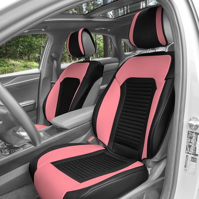 FH Group Front Set Faux Leather Car Seat Covers Cushions for Low Back Seat, Universal Fit, Airbag Compatible Seat Cover for SUV, Sedan Pink