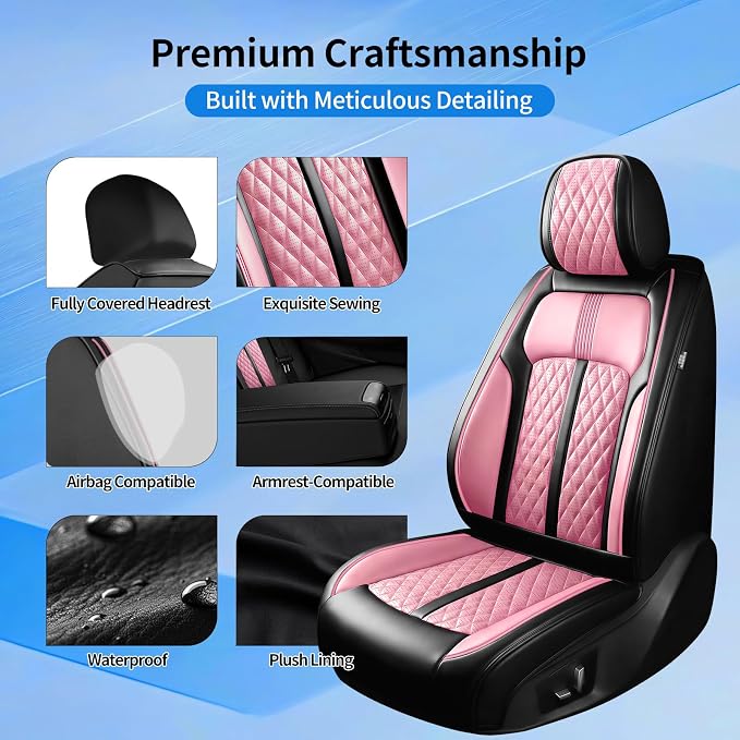 Fit Lacrosse Car Seat Covers for Select Buick Lacrosse 2005-2019 - Premium Full Coverage Leather, Airbag Compatible, Waterproof & All Weather Seat Cushion Protector, Full Set, Black+Pink