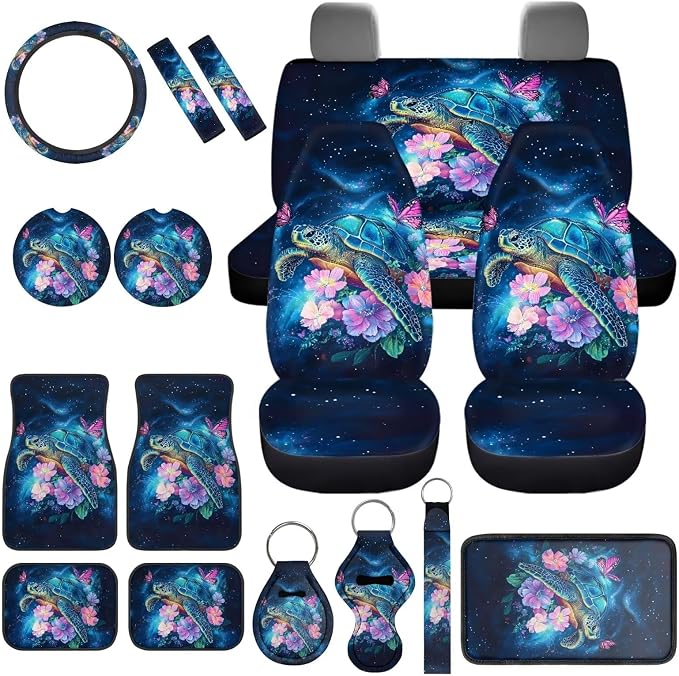 Sea Turtle Car Cover Seats Full Set with Steering Wherl Cover Seat Belt Cover Pad Turtle Flower Car Accessories Set 17 Pcs Car Floor Mats Set of 4 Auto Supplies for Women,Universal Fit