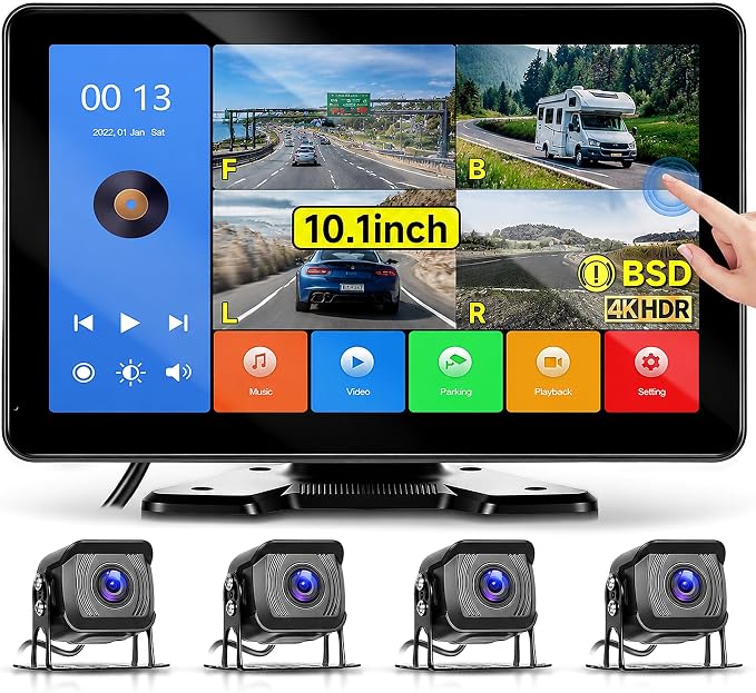 4 Channel 10.1 Inch Backup Camera Systerm for RV, Blind Spot Detection Touch Screen Backup Camera for Trucks, Pickups, Cars, Trailer, Stable, Courtyard, Garage, Farm with 4 Wired Cameras