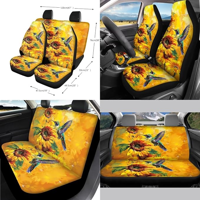 Poceacles 13 PCS Car Seat Covers for Women Sunflower Hummingbird Car Accessories Car Interior Seat Covers with Steering Wheel Cover, Wrist Strap, Car Coasters, Tissue Box, Shoulder Pad, Key Chain