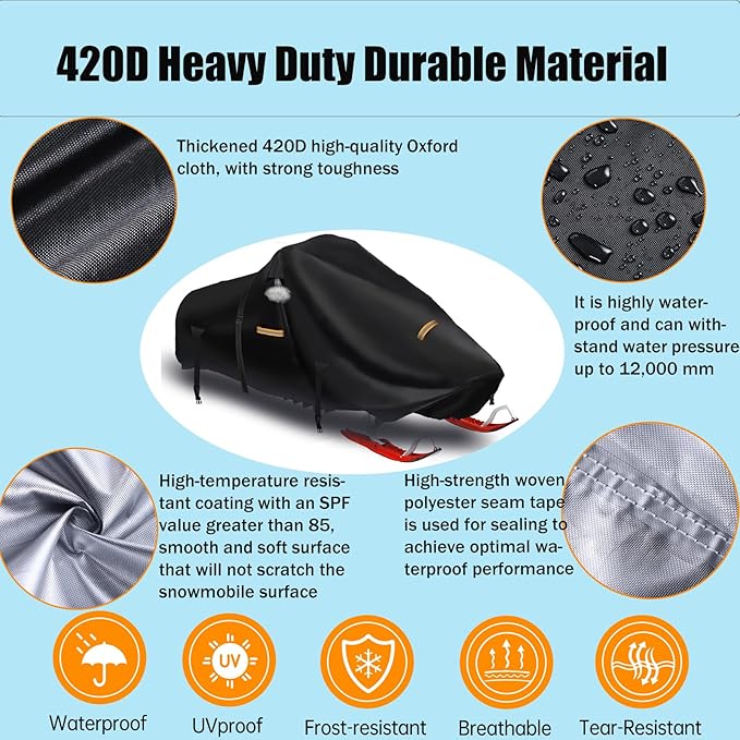 Snowmobile Cover 130 Inch, 420D Heavy Duty Durable Snowmobile Protective Covers with Full Protection Waterproof Universal Storage Cover Fits Snowmobiles up to 130" L x 51" W x 48" (420D)