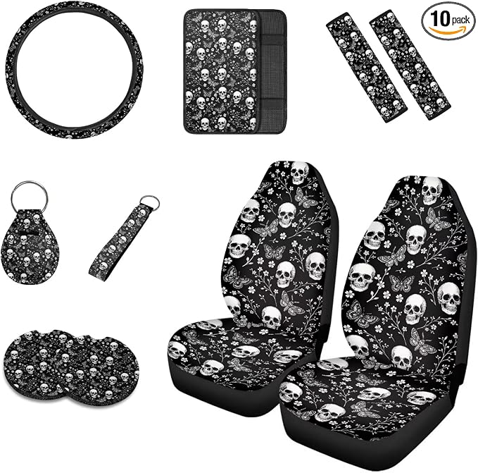 Howilath Black Butterfly Skull Car Front Seat Cover Auto Accessories with Center Console Cover+Steering Wheel Cover+Seatbelt Pads+Keychain+Coasters Set of 10 Fit Most Vehicle