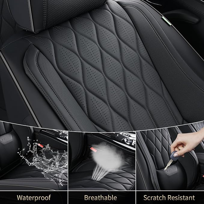 FLORICH Leather Seat Covers Full Set with Lumbar Support Black Car Seat Cover Waterproof Car Seat Cushion 5 Seats Full Coverage Seat Protector Universal Fit for Most Cars Sedans Trucks SUV, Black