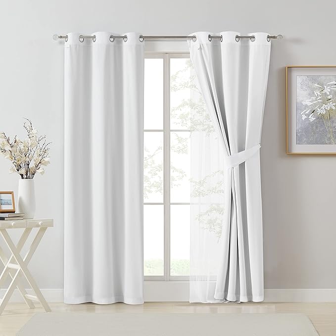 Bujasso White Full Blackout Curtain Panels with Sheer Overlay Mix and Match Double Layer Thermal Insulated Window Treatment Set for Living Room White Drapes with Tiebacks Grommet Top 54" Wx84 Lx2