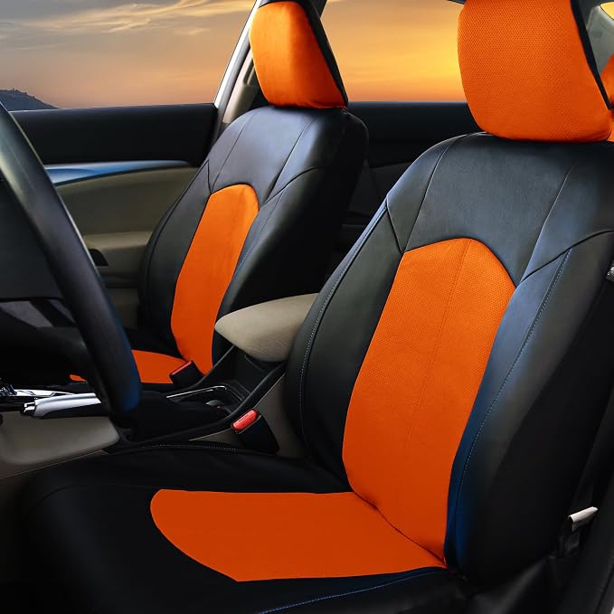 FH Group Automotive Seat Cover Highest Grade Faux Leather Orange Black Full Set, Combo Car Seat Cover Design Airbag Compatible Split Bench Tan Car Seat Cover Interior Accessories Universal Fit SUV