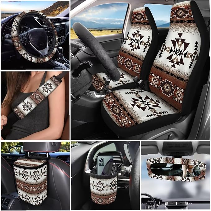 Dreaweet Navajo Car Seat Covers Full Set 15 Pcs Southwestern Native American Geometric Tribal Steering Wheel Cover Seat Belt Pads Coasters Trash Bag Vent Storage Pouch Rearview Mirror Cover Keychain