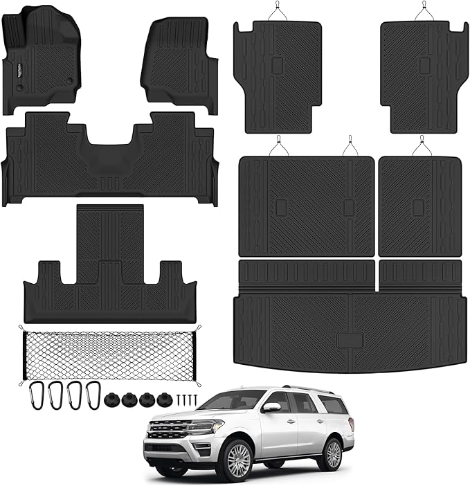 Tongama-Floor Mats for 2018-2024 Ford Expedition 7 Seats with 2nd Row Bucket Seats, All Weather TPE Trunk Mat and 2nd & 3rd Backrest Mats Protectors and Cargo Net for Ford Expedition Accessories