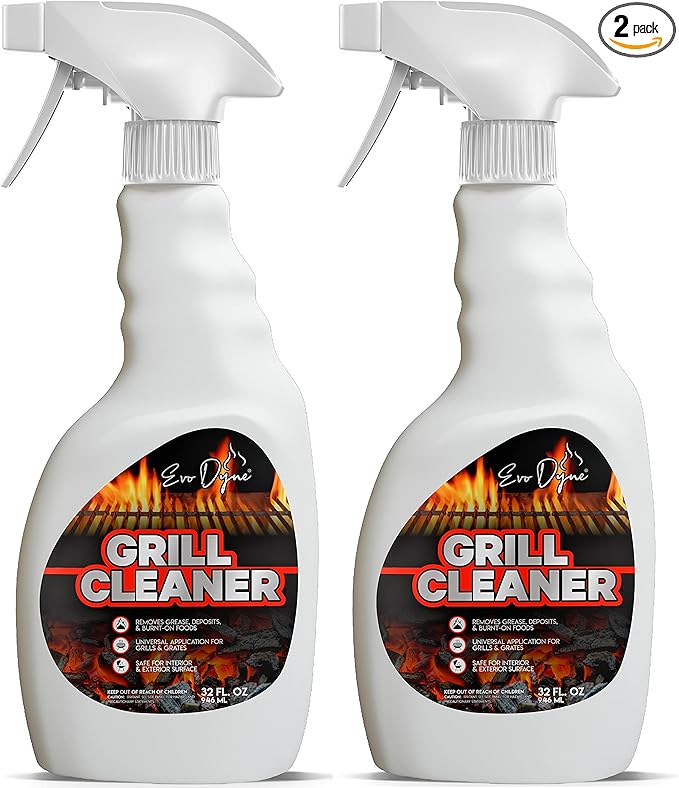 Evo Dyne Grill Cleaner Spray (32 oz), Made in USA - Quickly Cleans BBQ Burnt-on Foods and Grease from Grill Grates - Heavy Duty, Fast-Acting Formula, Less Scrubbing - Food Safe Grill & Oven Degreaser (2-Pack)