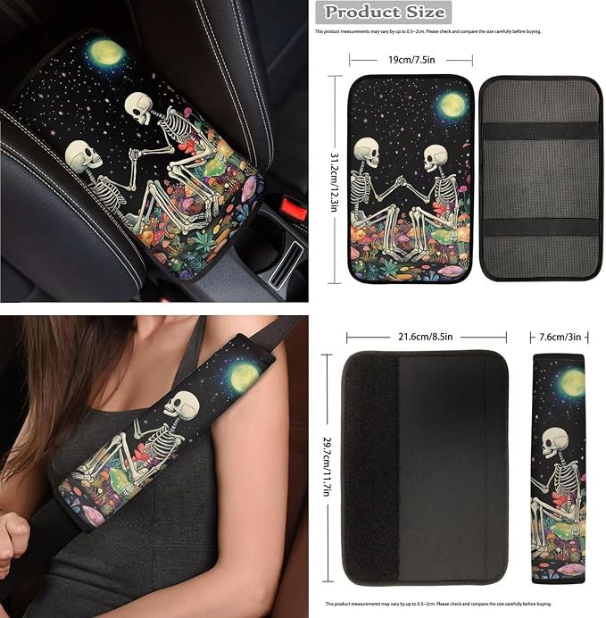 Goth Moon Skeleton Car Seat Covers Full Set 15 Pcs Universal Car Accessories Steering Wheel Cover Seat Belt Pads Garbage Bag Car Headrest Pillow Covers Armrest Pad