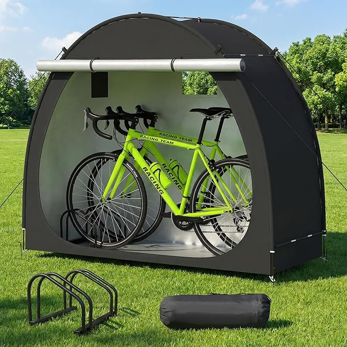 Bike Storage Shed, Bike Tent with Windproof Ropes Bicycle Storage Sheds with Bicycle Racks 210D Oxford 1000ppm Waterproof for 2/3 Bikes, Covers Shelter for Motorcycle, Garden Tools