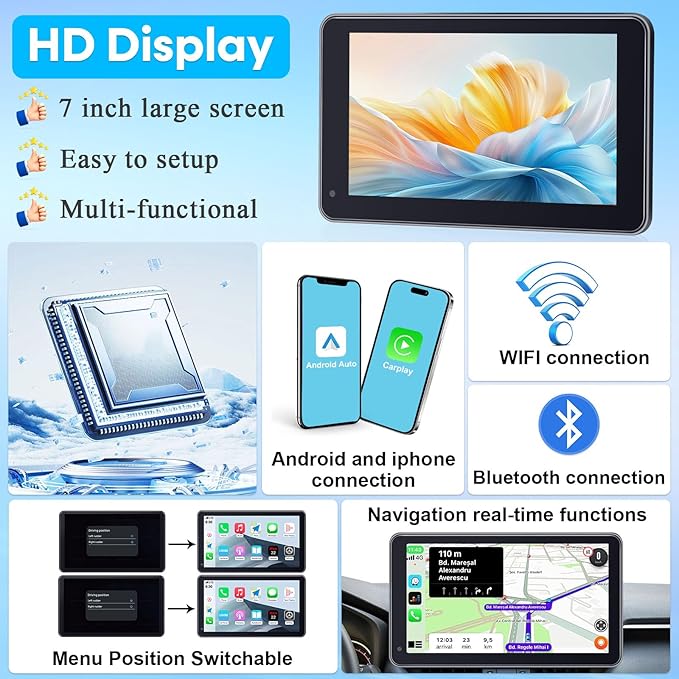3-Min Easy Install Portable Wireless Carplay Screen: Plug-Play Support Apple CarPlay & Android Auto - 7 Inch HD 1080P Car Touchscreen Upgrade Voice Control GPS Navigation for Commuters & Older Cars