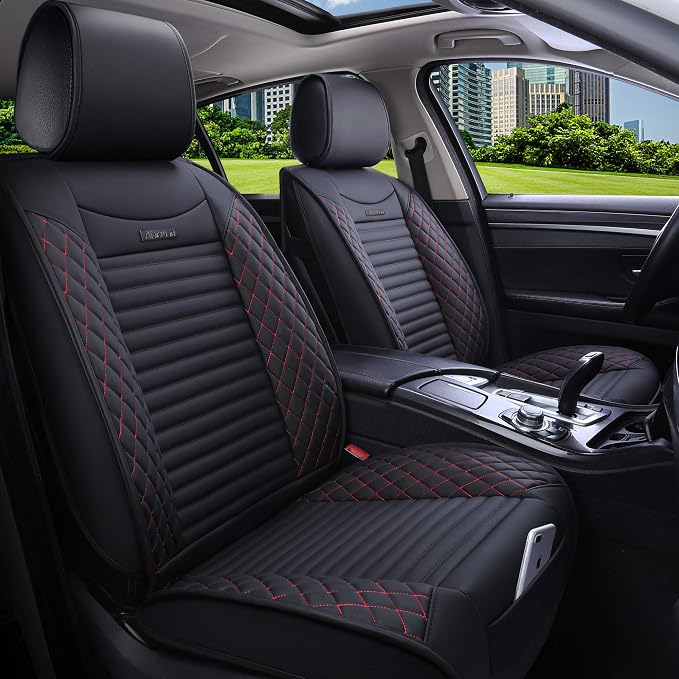 Aierxuan Front Drive Seat Covers Leather Car Seat Protector Waterproof Universal Fit Honda Accord Civic Kia Soul Optima Ford Forte Nissan Altima Highlander Lexus Acura(2 PCS Front, Black-Red)