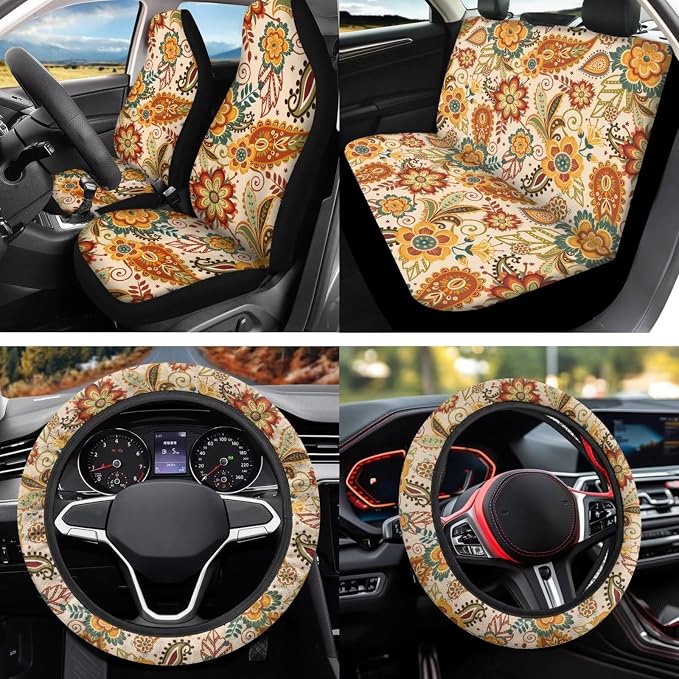 Vintage Floral Automobile Seat Cover Sets 12 Pack with Car Steering Wheel Cover Arm Rest Cover Keychain Holder Protector Seat Belt Pads Suitable for Most Cars,SUV